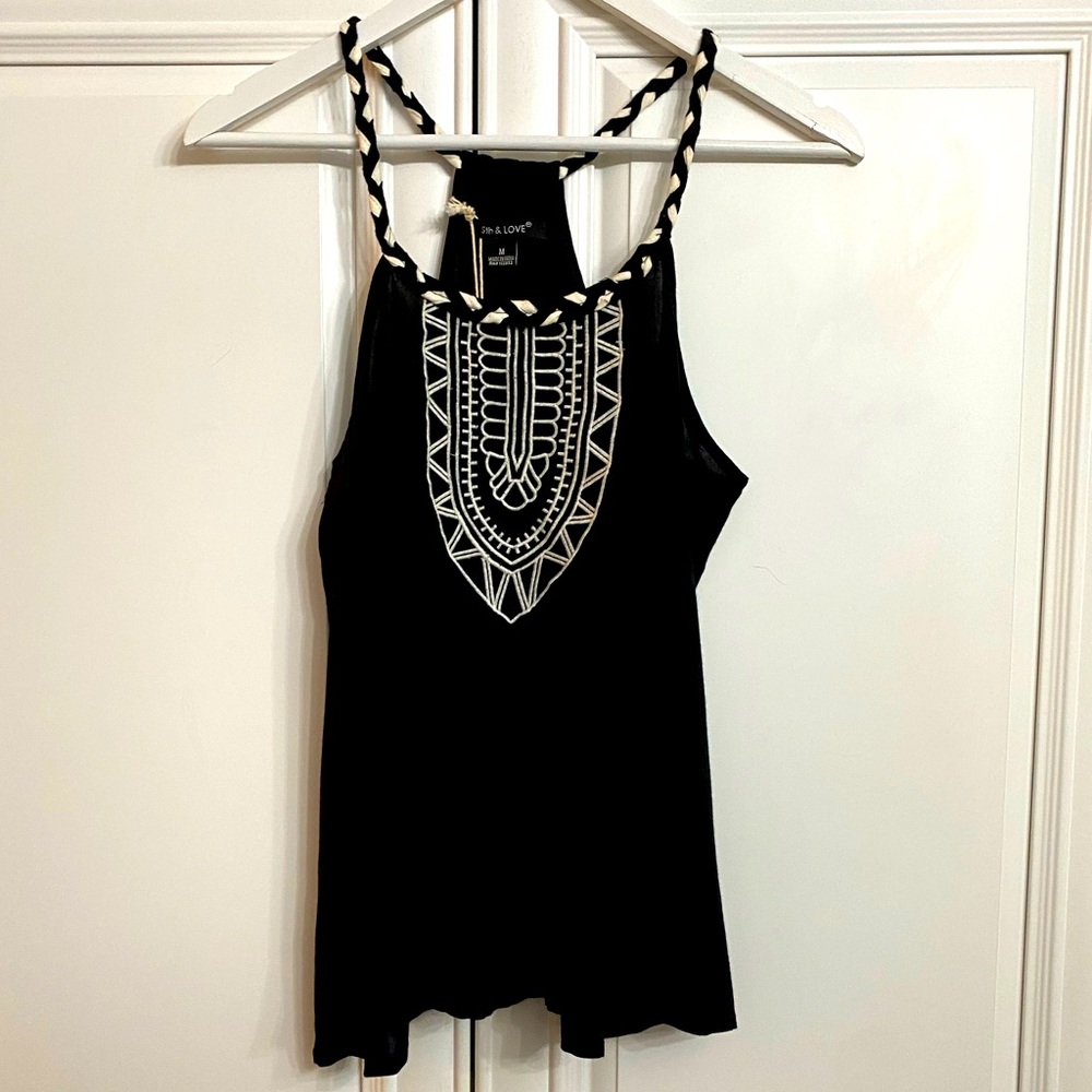 NWT 5th & Love Womans Size Medium Black Tank Top Embroidered Braided Straps